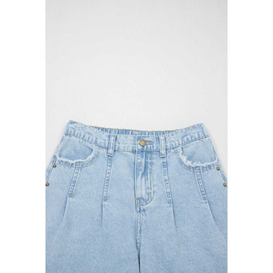 Beau Blue Studded Side Slit Leg Frayed Pocketed Wide Leg Jeans Bottoms/Jeans