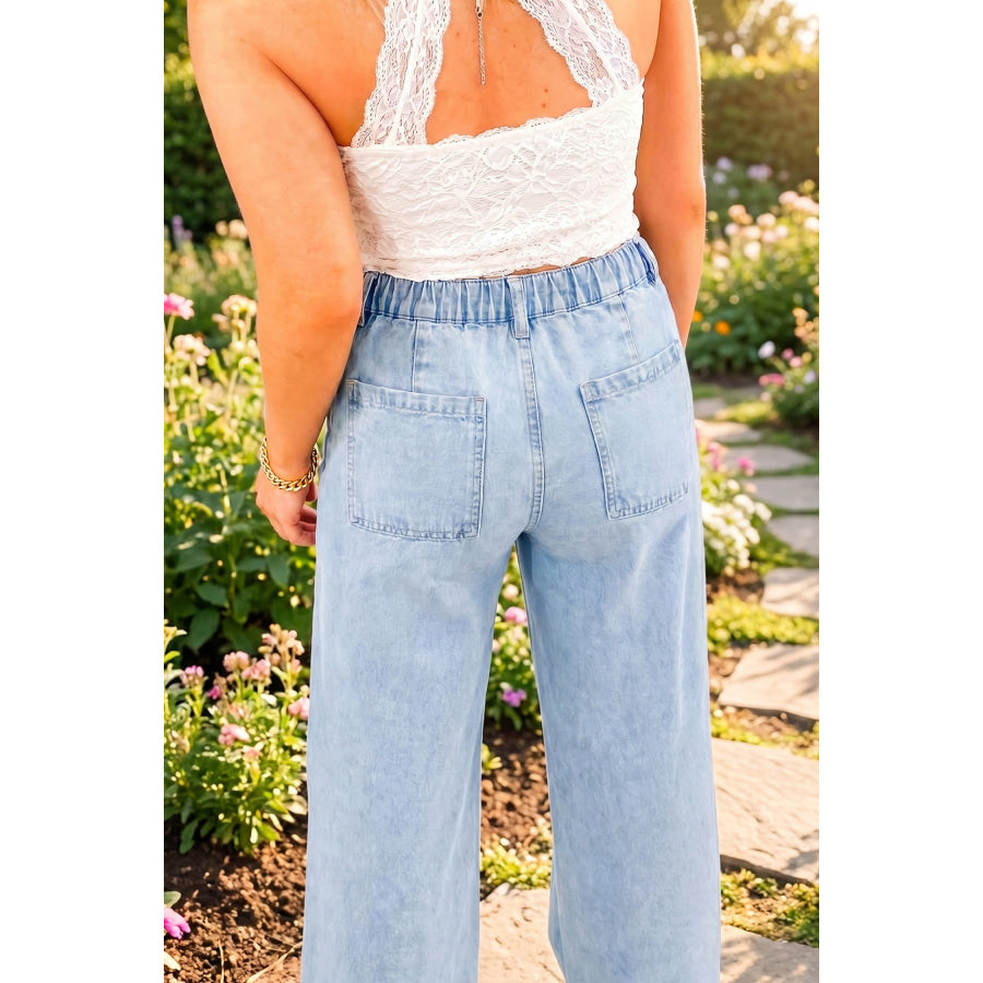 Beau Blue Studded Side Slit Leg Frayed Pocketed Wide Leg Jeans Bottoms/Jeans
