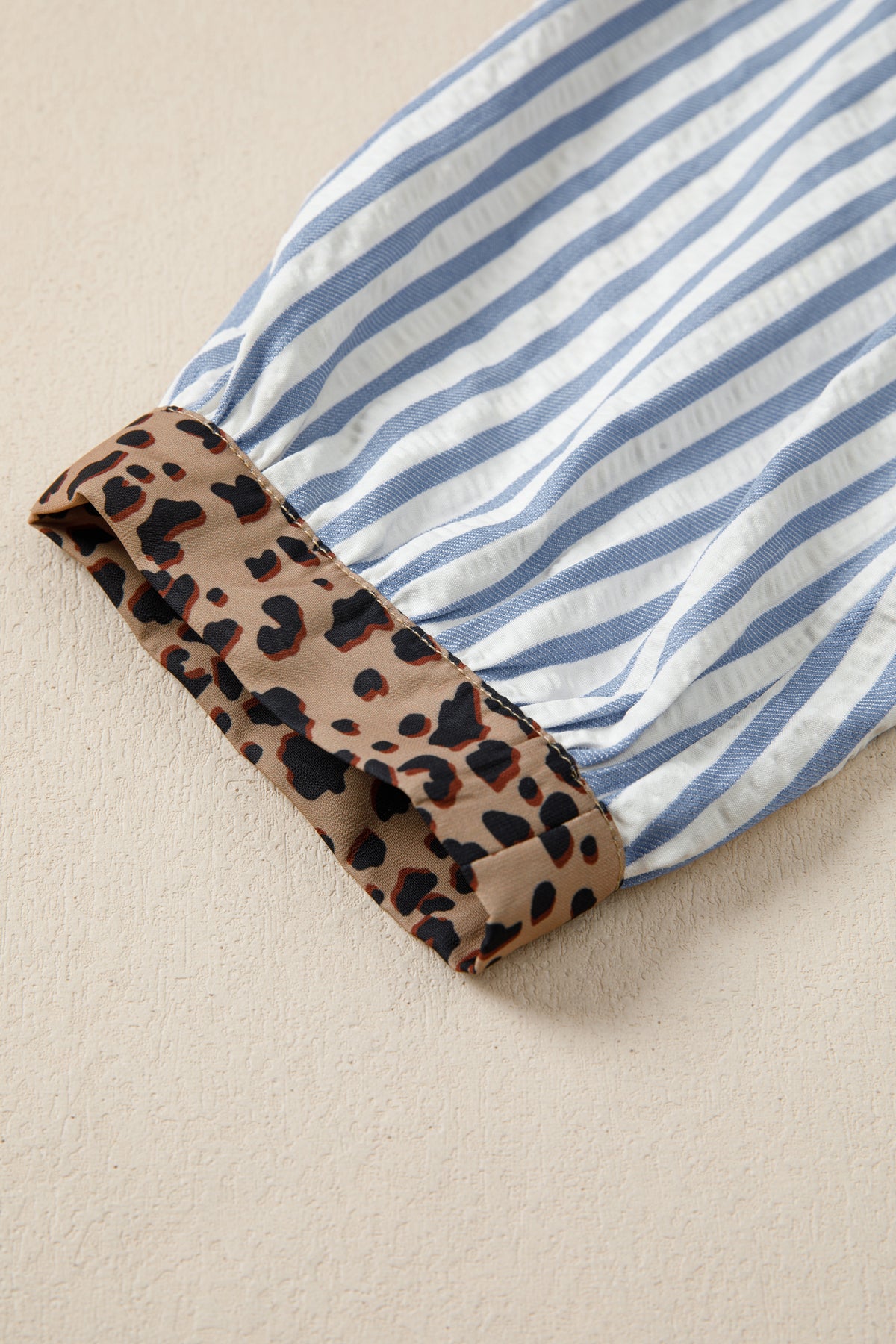 Pink Stripe Leopard Trim V Neck Button Down Half Sleeve Shirt