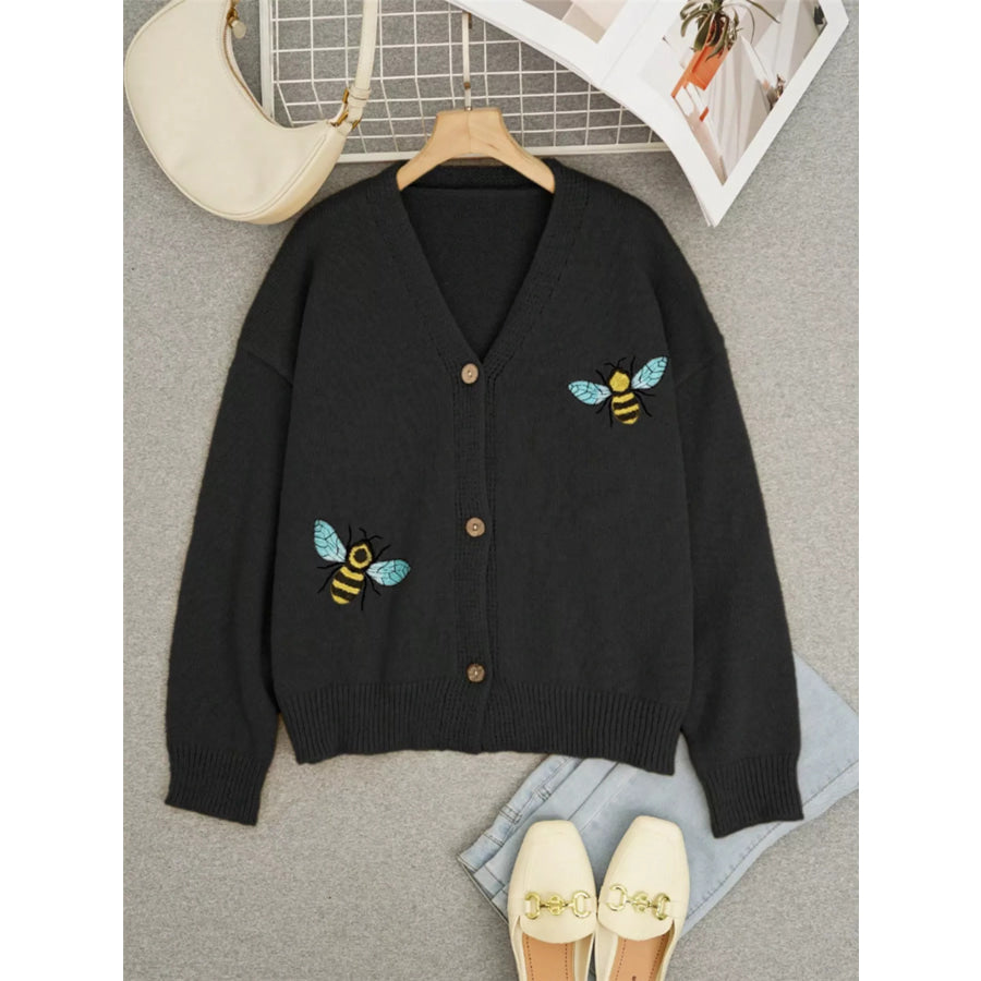 Bee Embroidered Button-Down Cardigan Apparel and Accessories