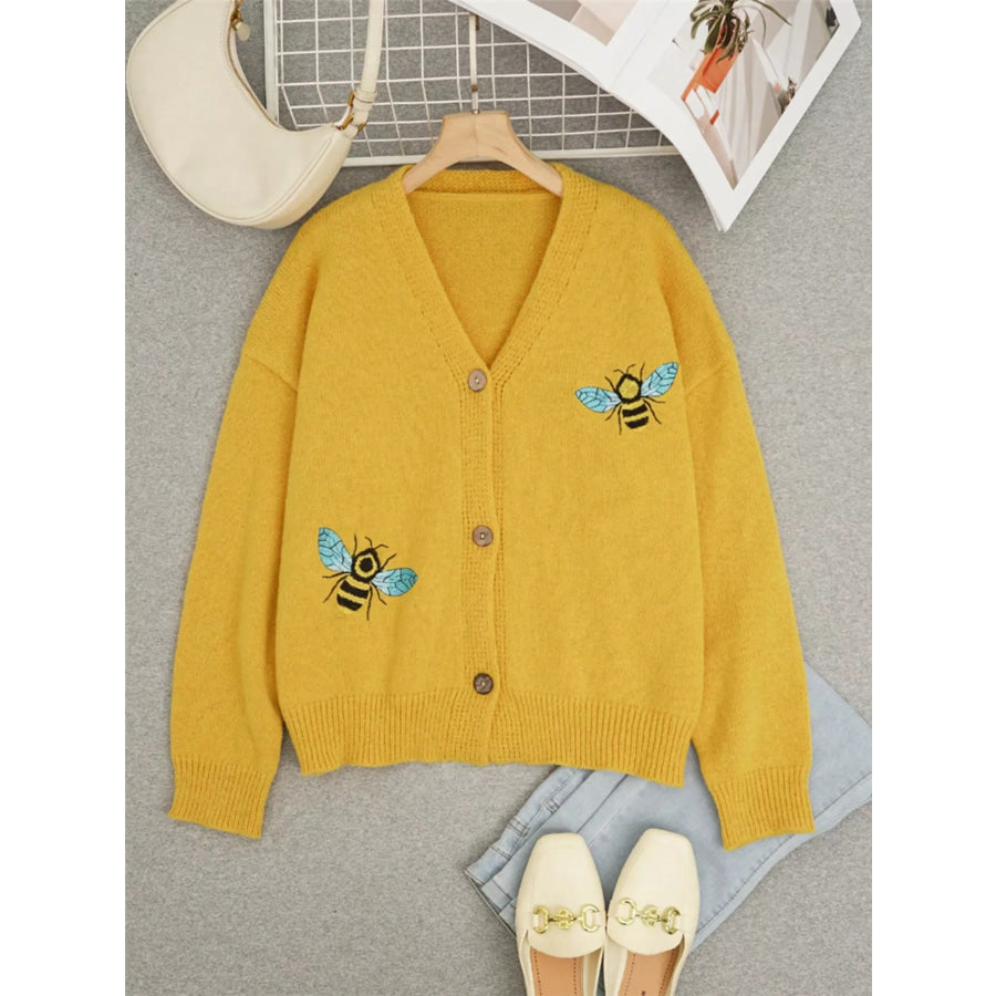 Bee Embroidered Button-Down Cardigan Apparel and Accessories