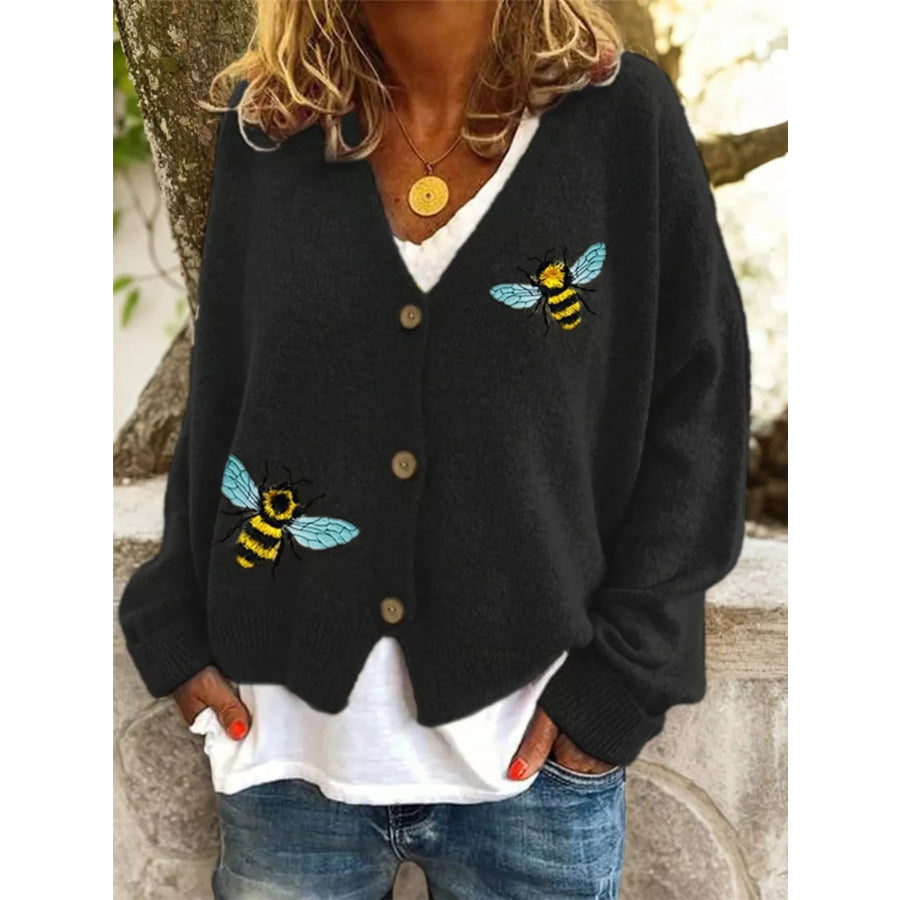 Bee Embroidered Button-Down Cardigan Black / S Apparel and Accessories