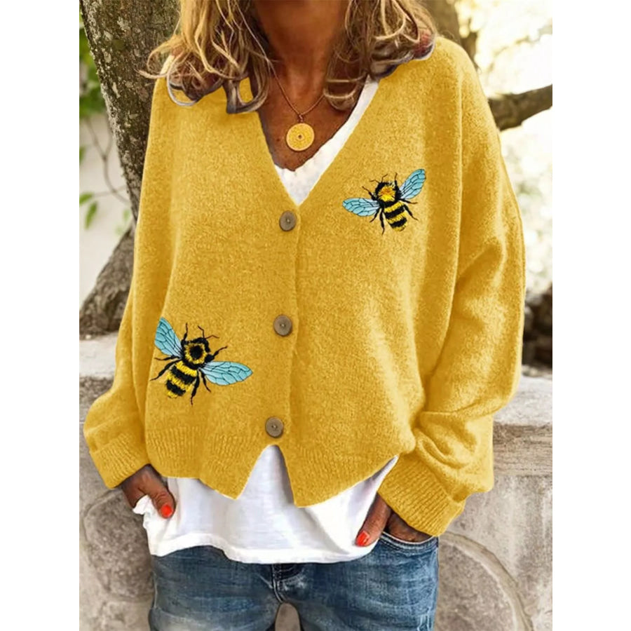 Bee Embroidered Button-Down Cardigan Gold / S Apparel and Accessories