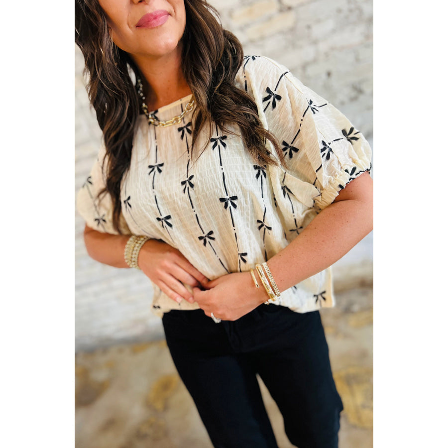 Beige Bow Print Puff Short Sleeve Top Beige / S / 100% Polyester Tops/Blouses & Shirts