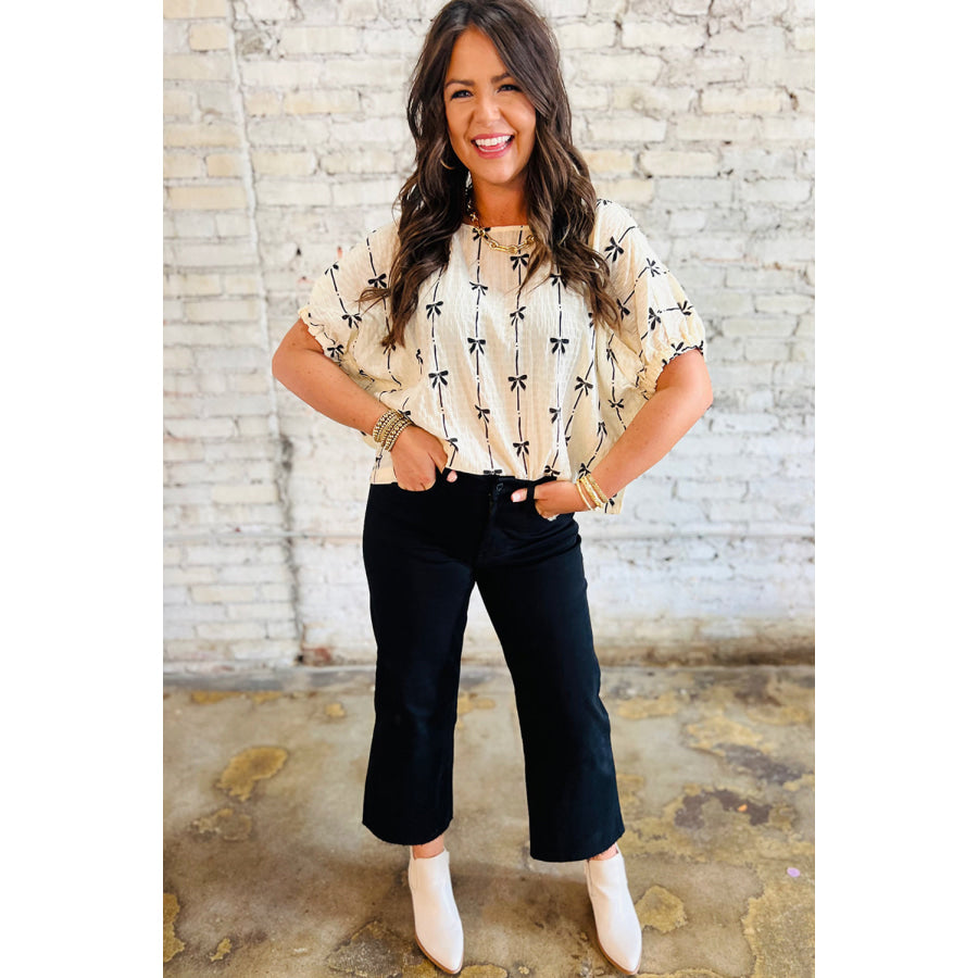Beige Bow Print Puff Short Sleeve Top Tops/Blouses & Shirts