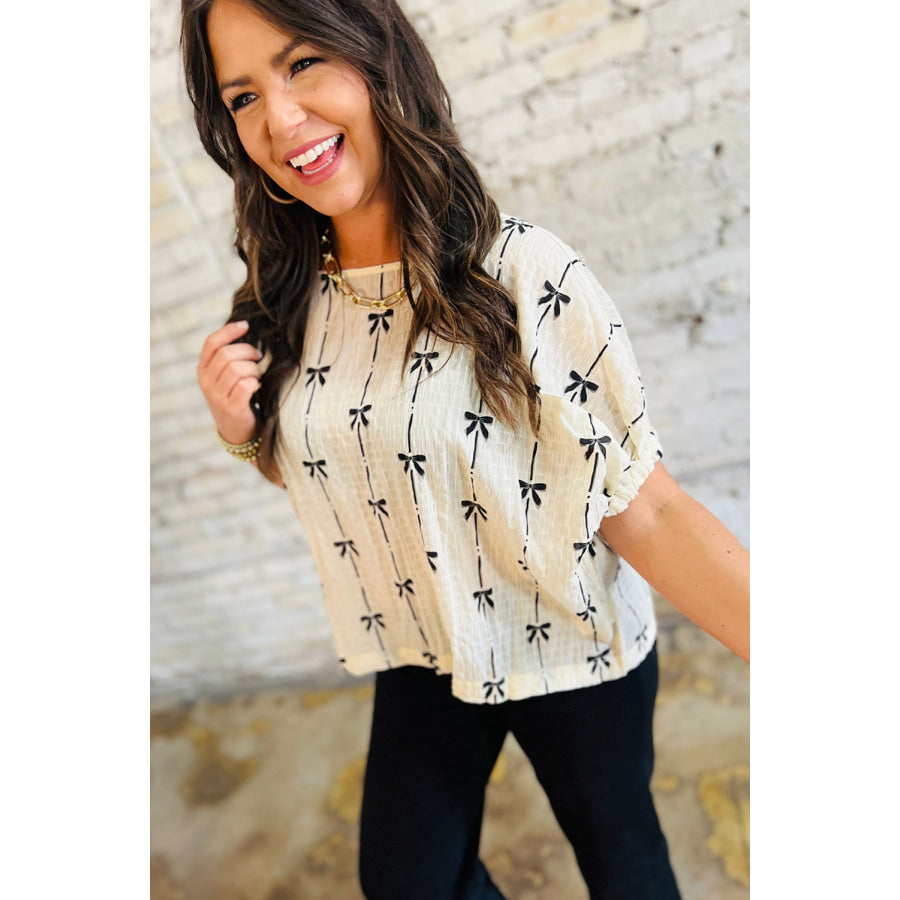 Beige Bow Print Puff Short Sleeve Top Tops/Blouses & Shirts