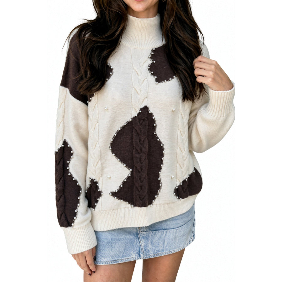 Beige Cable Detail Knit Beaded Western Spots Casual Sweater Sweaters & Cardigans/Sweaters
