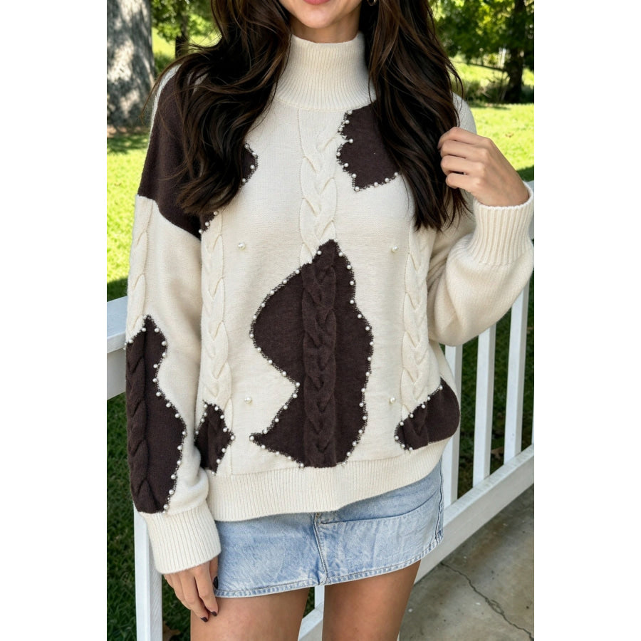 Beige Cable Detail Knit Beaded Western Spots Casual Sweater Sweaters & Cardigans/Sweaters