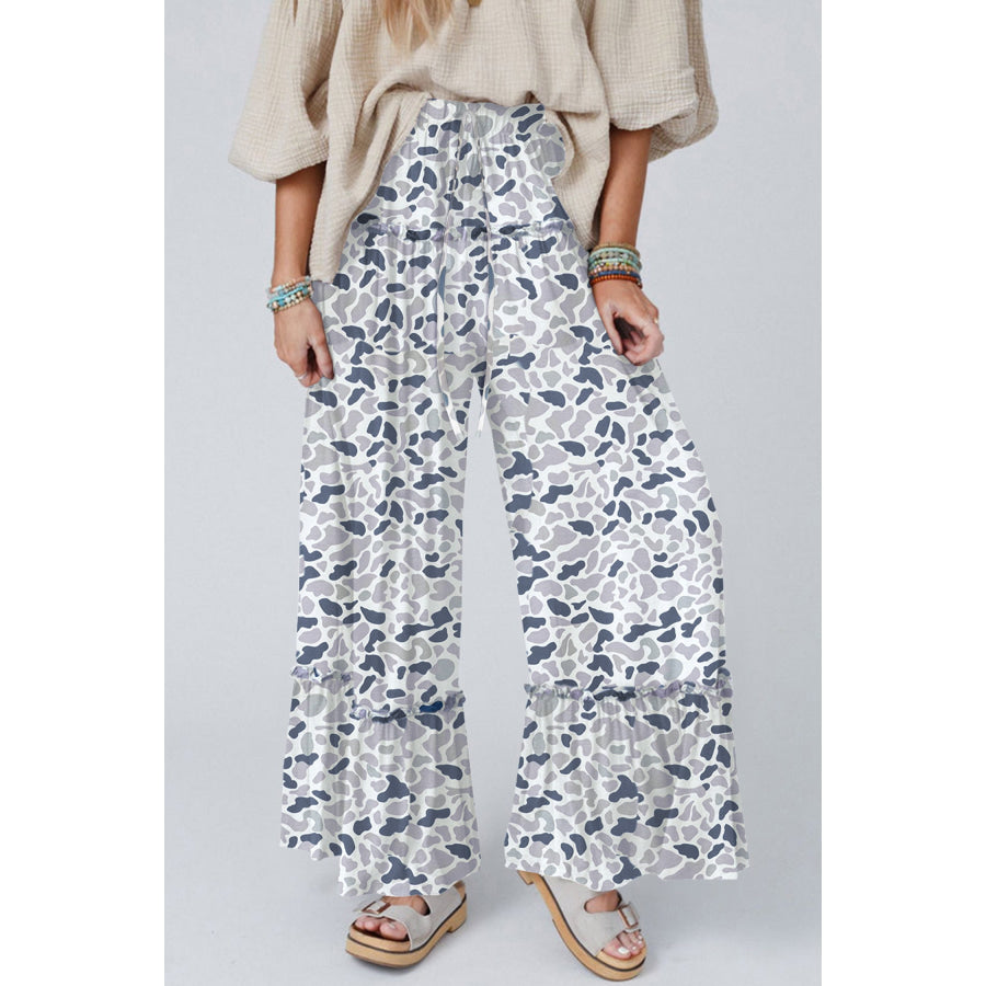 Beige Camo Print Wide Leg Casual Pants Beige / S / 95% Polyester + 5% Elastane Bottoms/Pants & Culotte