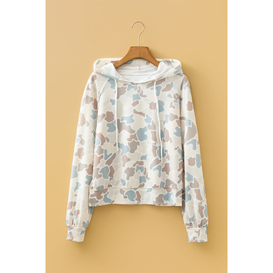 Beige Camouflage Print Relaxed Drawstring Hoodie Tops/Sweatshirts & Hoodies