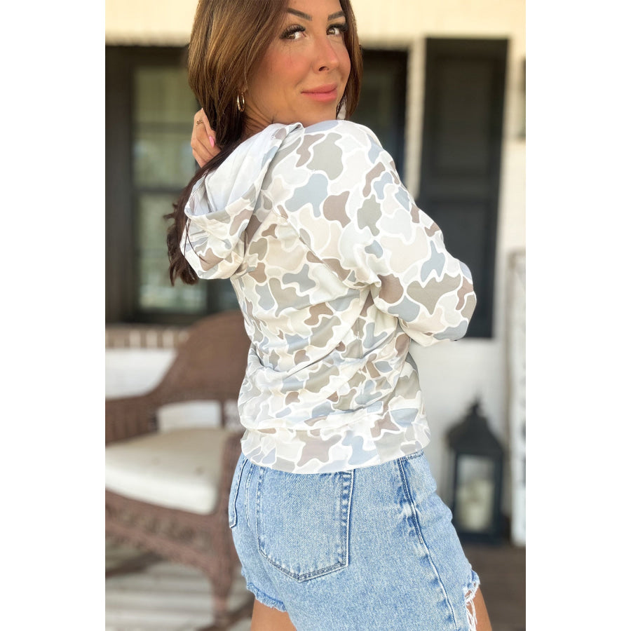 Beige Camouflage Print Relaxed Drawstring Hoodie Tops/Sweatshirts & Hoodies