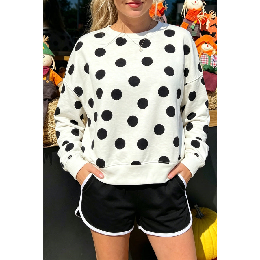 Beige Casual Polka Dot Round Neck Pullover Sweatshirt Tops/Sweatshirts & Hoodies