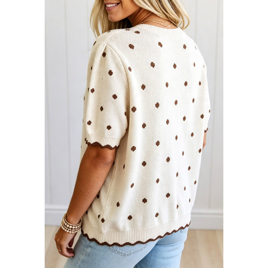 Beige Casual Polka Dot Short Sleeve Round Neck Shift Sweater Sweaters & Cardigans/Short