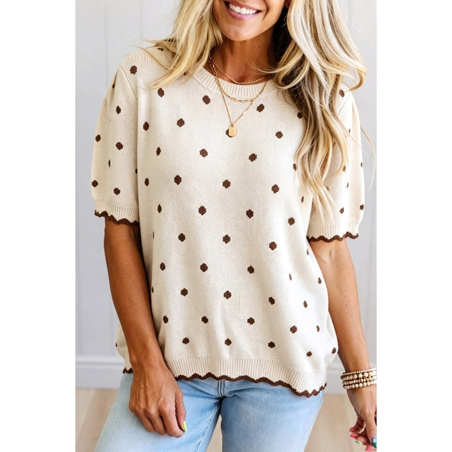 Beige Casual Polka Dot Short Sleeve Round Neck Shift Sweater Sweaters & Cardigans/Short
