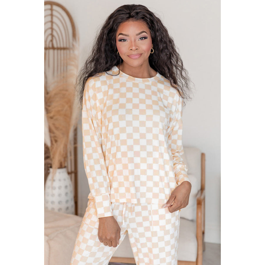 Beige Checkered Print Long Sleeve Top and Pants Lounge Set Loungewear &amp; Sleepwear/Loungewear