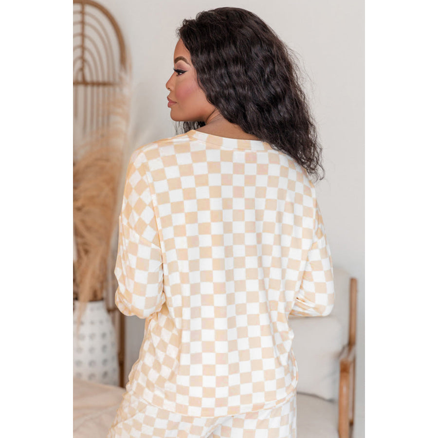 Beige Checkered Print Long Sleeve Top and Pants Lounge Set Loungewear &amp; Sleepwear/Loungewear