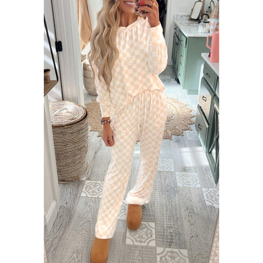 Beige Checkered Print Long Sleeve Top and Pants Lounge Set Beige / S / 95% Polyester + 5% Elastane Loungewear &amp; Sleepwear/Loungewear