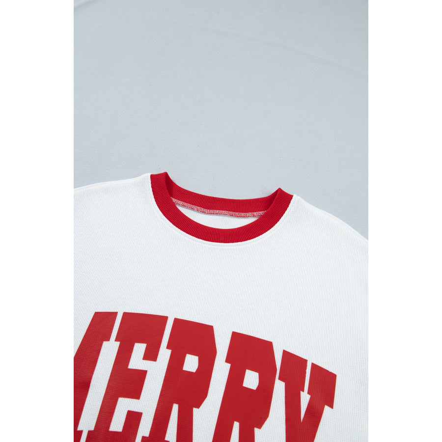 Beige Color Block Trim Merry Slogan Pullover Sweatshirt Tops/Sweatshirts & Hoodies