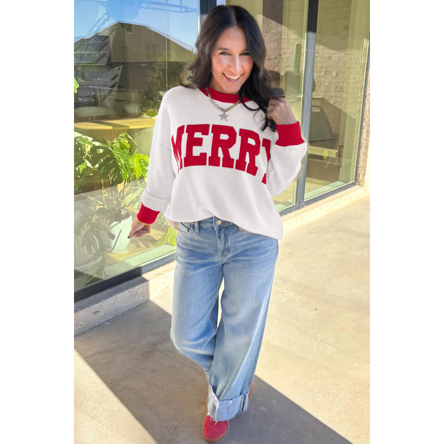 Beige Color Block Trim Merry Slogan Pullover Sweatshirt Tops/Sweatshirts & Hoodies