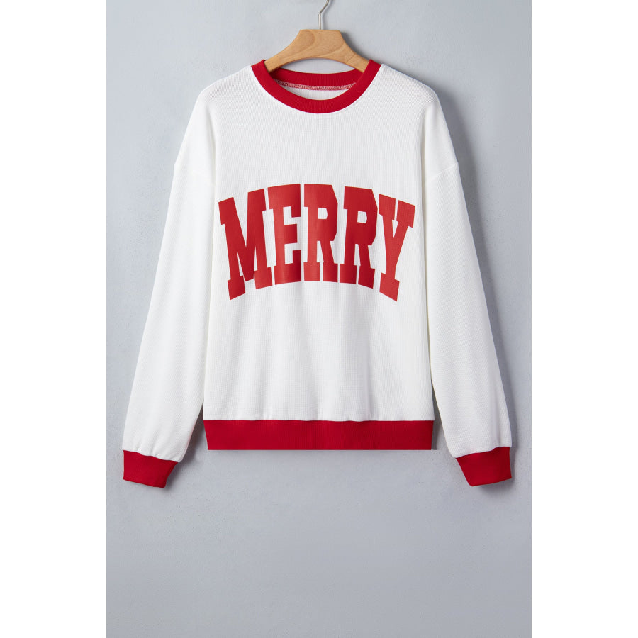 Beige Color Block Trim Merry Slogan Pullover Sweatshirt Tops/Sweatshirts & Hoodies