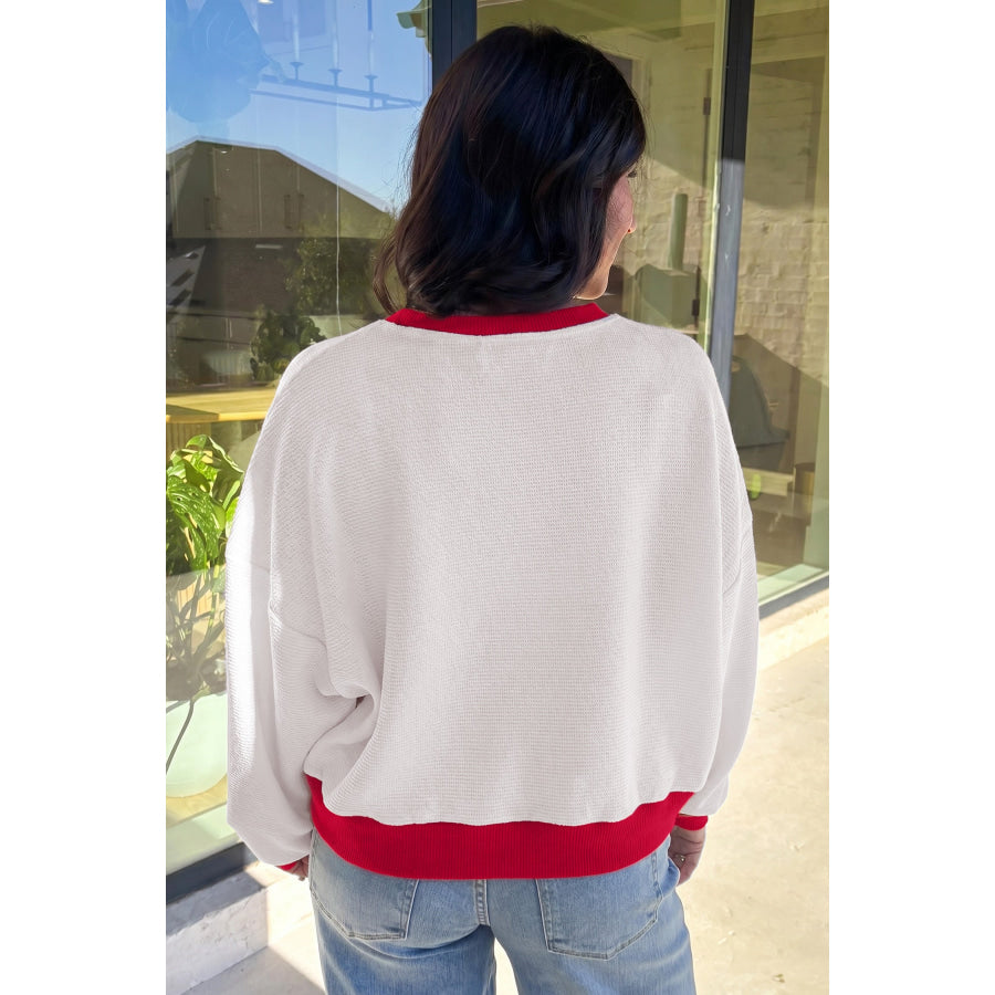 Beige Color Block Trim Merry Slogan Pullover Sweatshirt / S / 60% Polyester + 35% Cotton + 5% Elastane Tops/Sweatshirts & Hoodies