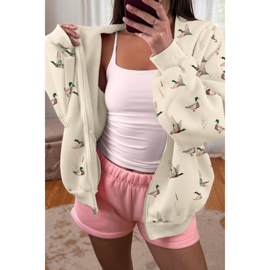 Beige Cozy Duck Print Zip-Up Hoodie / S Tops/Sweatshirts & Hoodies