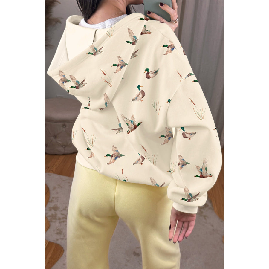 Beige Cozy Duck Print Zip-Up Hoodie Tops/Sweatshirts & Hoodies