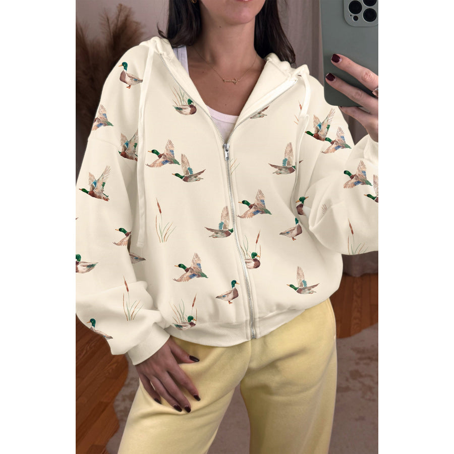 Beige Cozy Duck Print Zip-Up Hoodie Tops/Sweatshirts & Hoodies