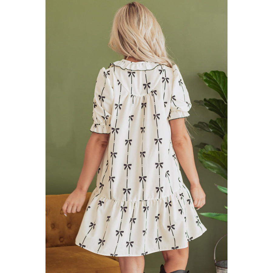 Beige Cute Bowknot Printed Bubble Sleeve V Neck Mini Dress Dresses/Mini Dresses