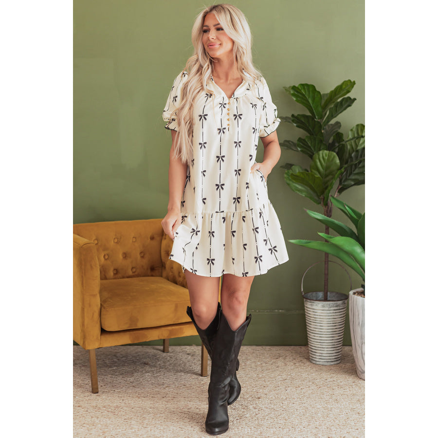 Beige Cute Bowknot Printed Bubble Sleeve V Neck Mini Dress Dresses/Mini Dresses