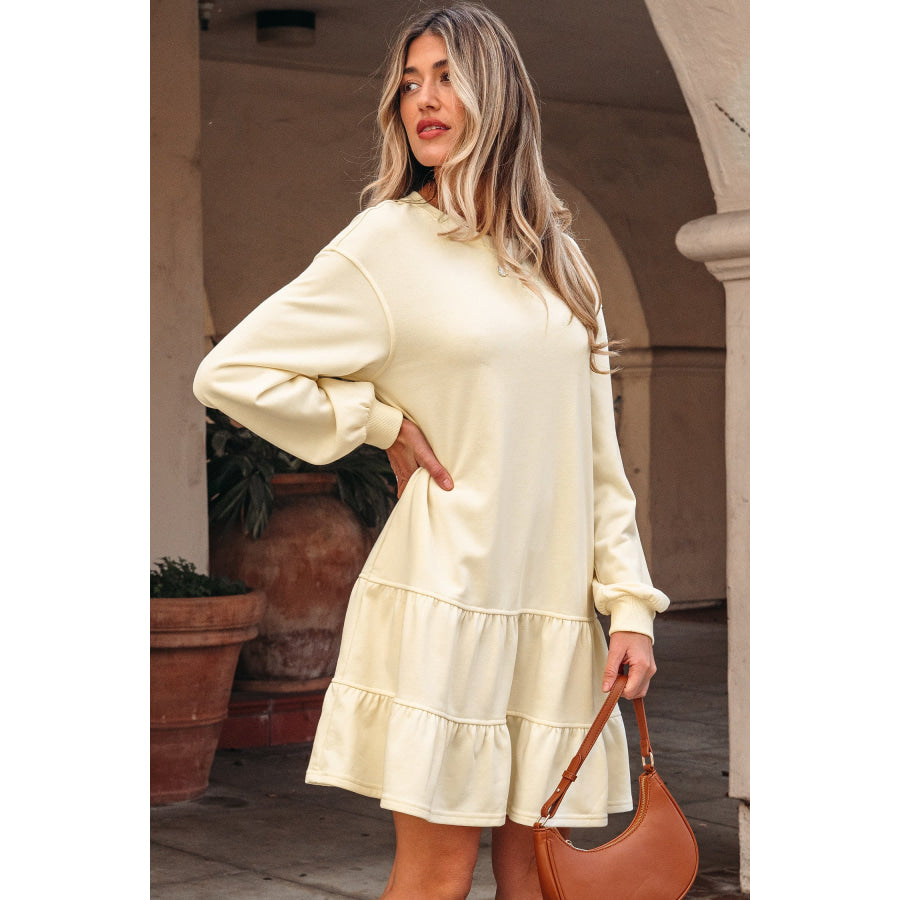 Beige Double Tiered Ruffle Hem Long Sleeve Loose Mini Dress Dresses/Mini Dresses