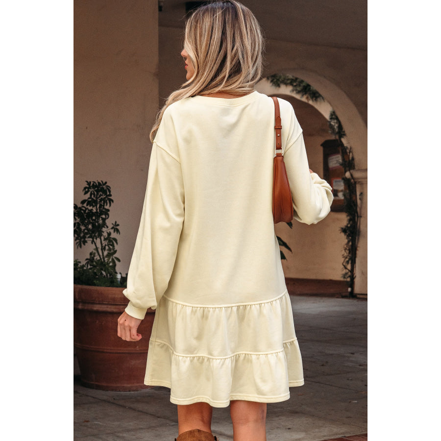 Beige Double Tiered Ruffle Hem Long Sleeve Loose Mini Dress Dresses/Mini Dresses
