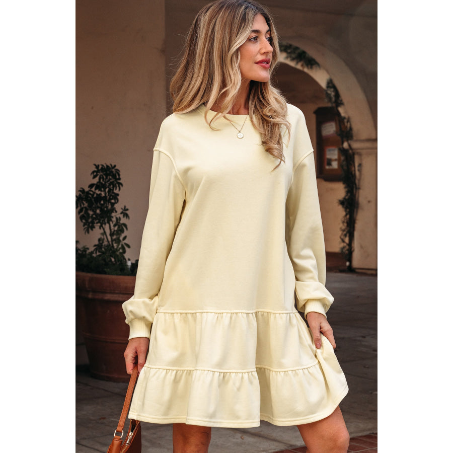 Beige Double Tiered Ruffle Hem Long Sleeve Loose Mini Dress Dresses/Mini Dresses