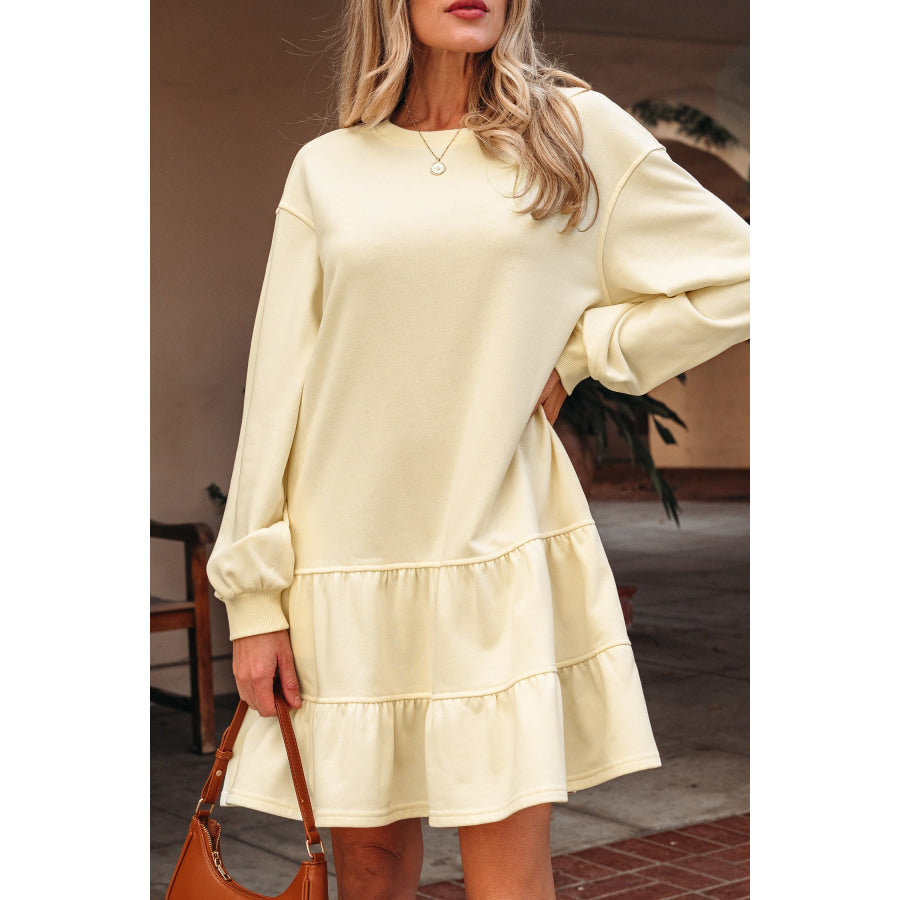 Beige Double Tiered Ruffle Hem Long Sleeve Loose Mini Dress Dresses/Mini Dresses