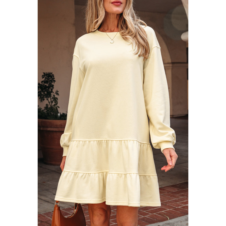 Beige Double Tiered Ruffle Hem Long Sleeve Loose Mini Dress Dresses/Mini Dresses