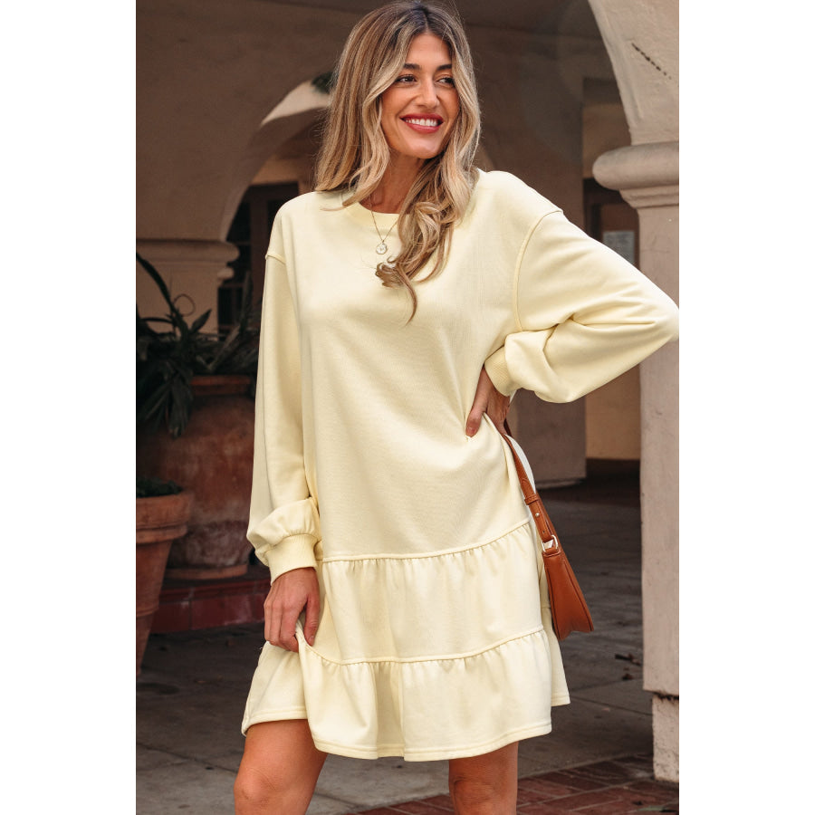 Beige Double Tiered Ruffle Hem Long Sleeve Loose Mini Dress Beige / S / 65% Polyester + 35% Cotton Dresses/Mini Dresses