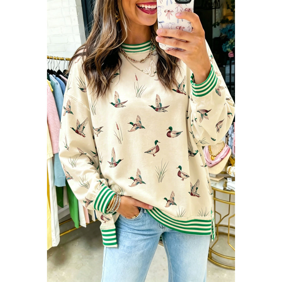 Beige Duck Print Striped Trim Cuffs Round Neck Casual Sweatshirt Beige / S Tops/Sweatshirts & Hoodies