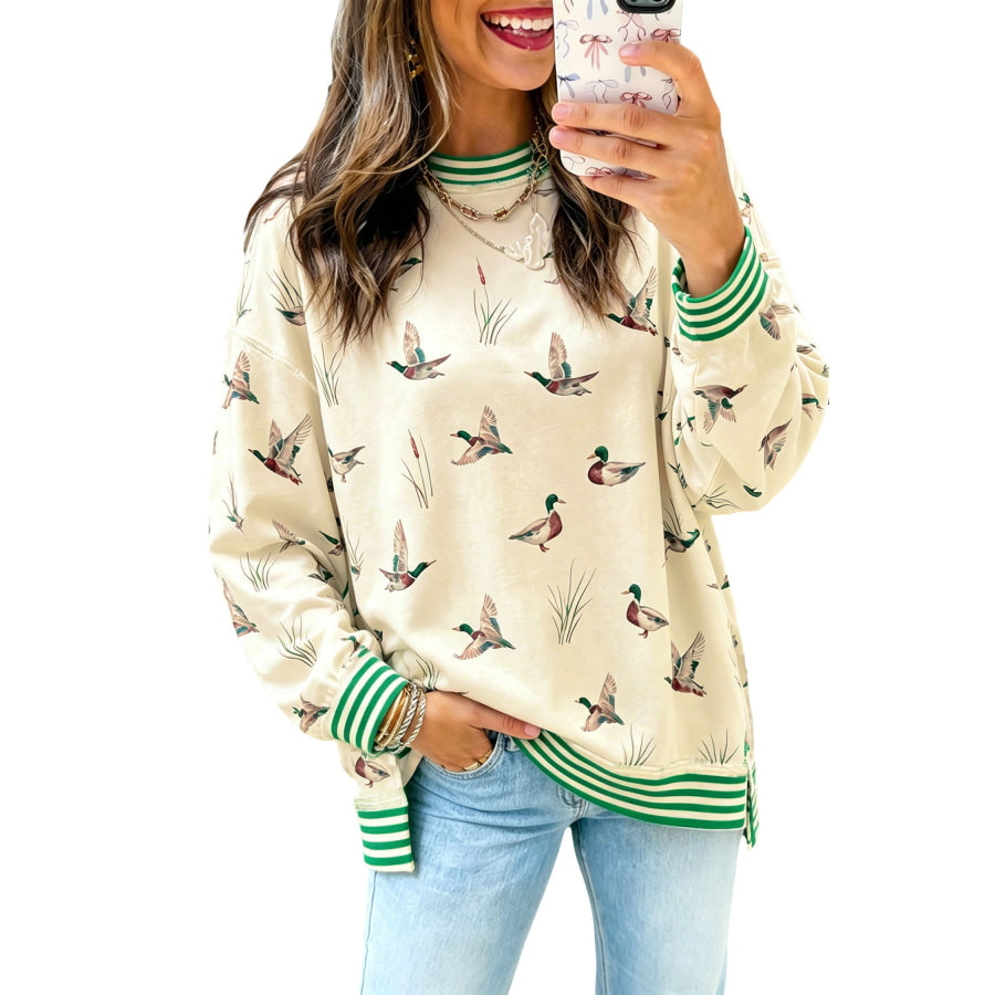 Beige Duck Print Striped Trim Cuffs Round Neck Casual Sweatshirt Tops/Sweatshirts & Hoodies
