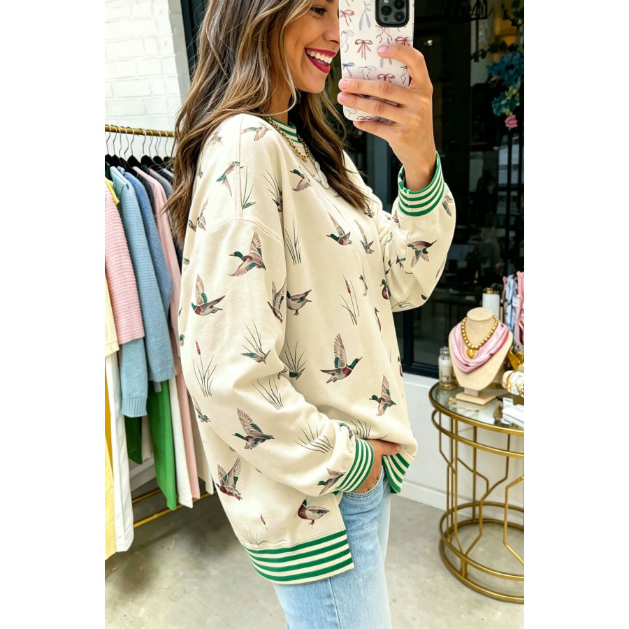 Beige Duck Print Striped Trim Cuffs Round Neck Casual Sweatshirt Tops/Sweatshirts & Hoodies