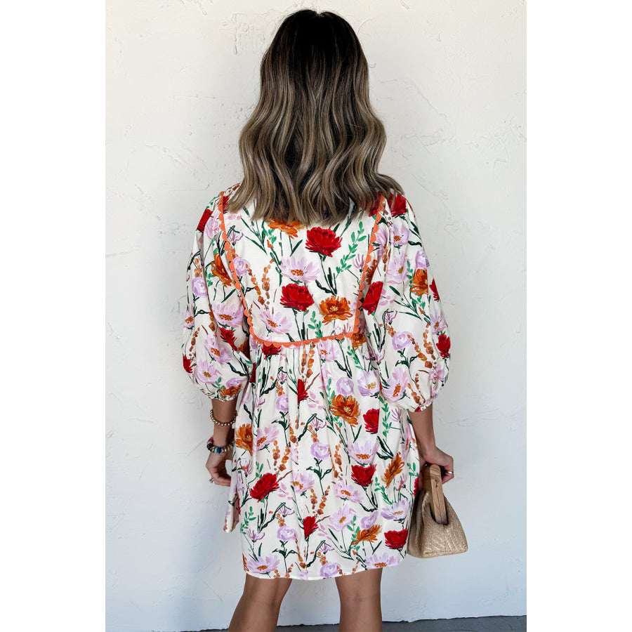 Beige Floral Print 3/4 Puff Sleeve Ricrac Trim Mini Dress Beige / S / 100% Polyester Dresses/Floral Dresses