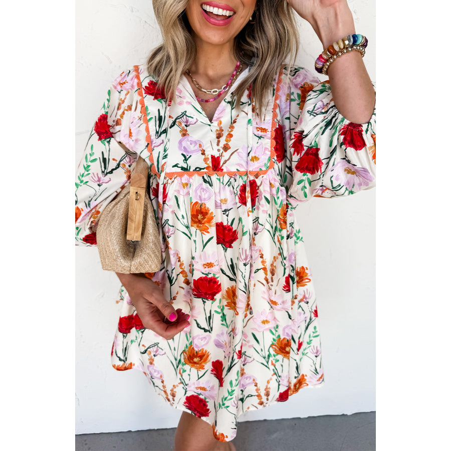 Beige Floral Print 3/4 Puff Sleeve Ricrac Trim Mini Dress Beige / S / 100% Polyester Dresses/Floral Dresses