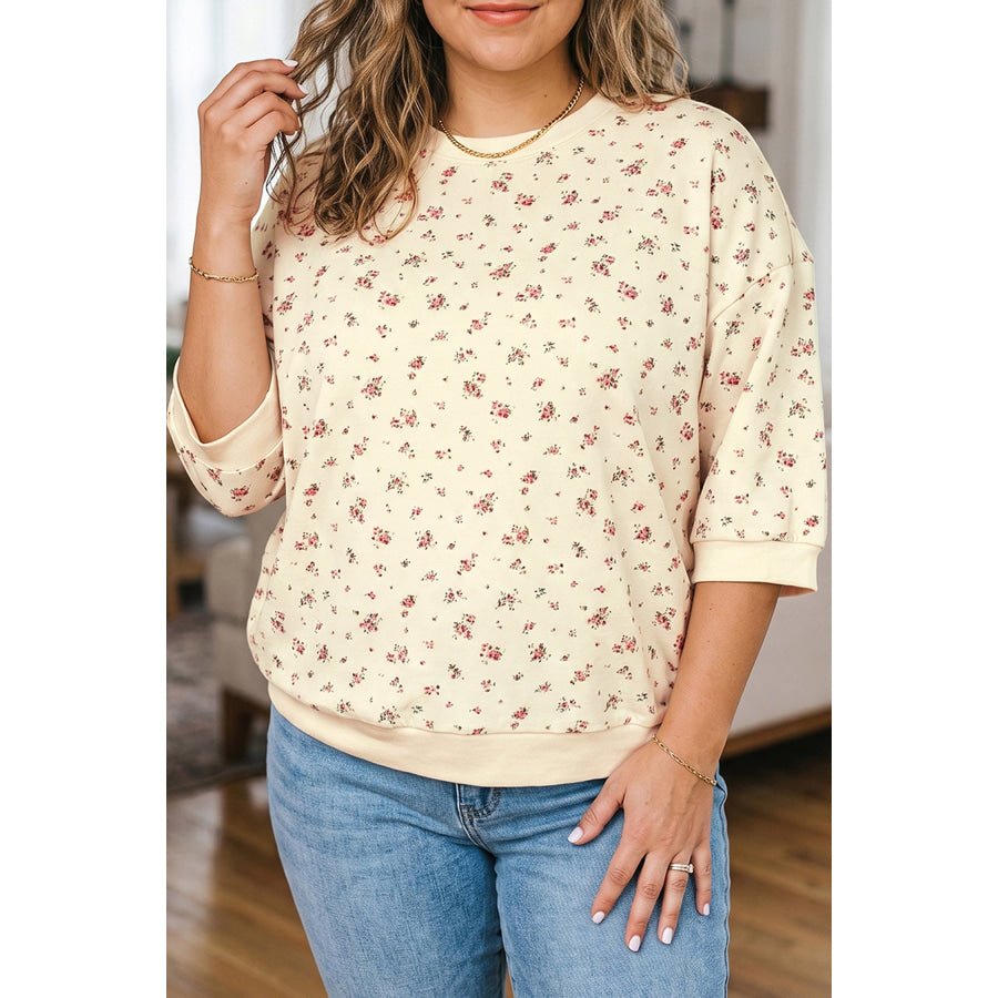 Beige Floral Print Colorblock Cuffs Hem Plus Size Blouse Beige / 1X / 95% Polyester + 5% Elastane Plus Size/Plus Size Tops/Plus Size