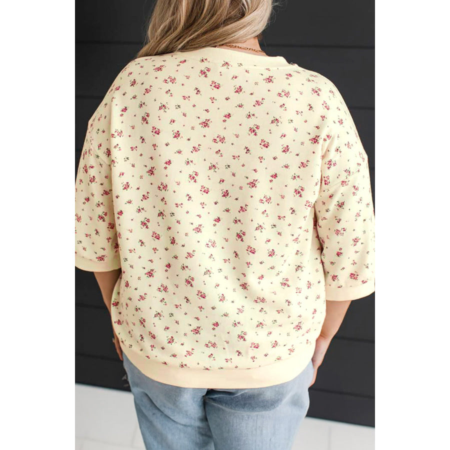 Beige Floral Print Colorblock Cuffs Hem Plus Size Blouse Plus Size/Plus Size Tops/Plus Size Blouses & Shirts