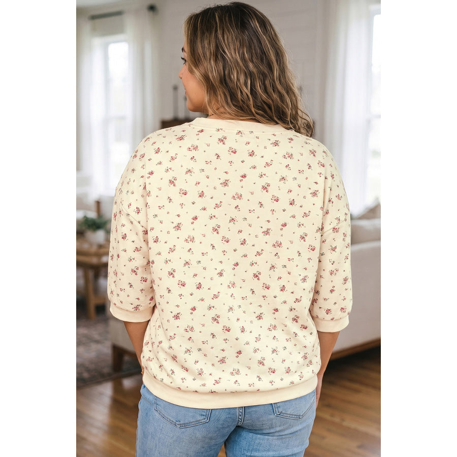Beige Floral Print Colorblock Cuffs Hem Plus Size Blouse Plus Size/Plus Size Tops/Plus Size Blouses & Shirts