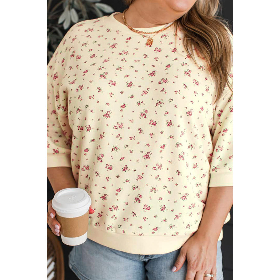 Beige Floral Print Colorblock Cuffs Hem Plus Size Blouse Plus Size/Plus Size Tops/Plus Size Blouses & Shirts