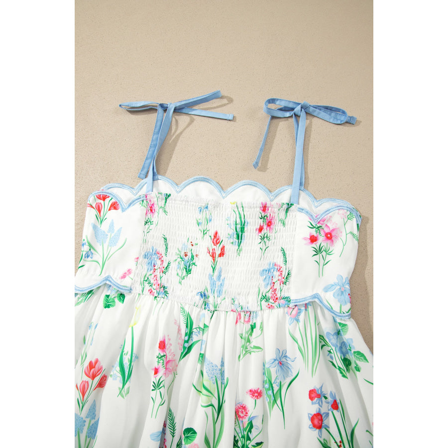 Beige Floral Print Contrast Trim Self-tie Straps High Waist Midi Dress Dresses/Floral Dresses