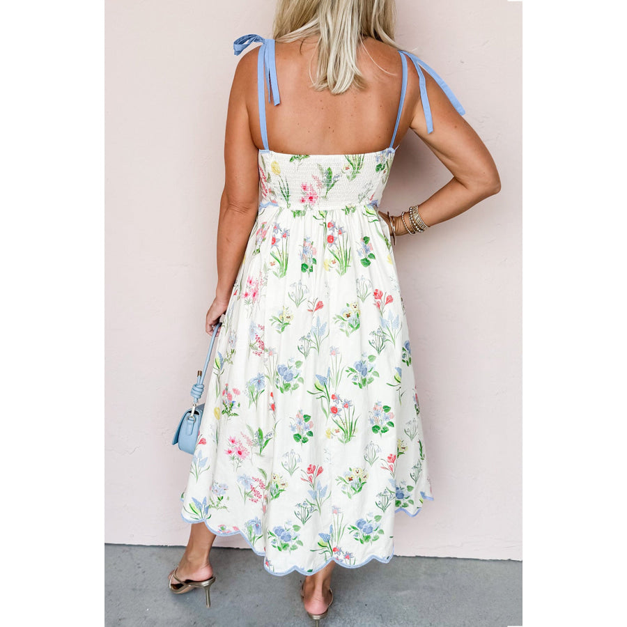 Beige Floral Print Contrast Trim Self-tie Straps High Waist Midi Dress Dresses/Floral Dresses