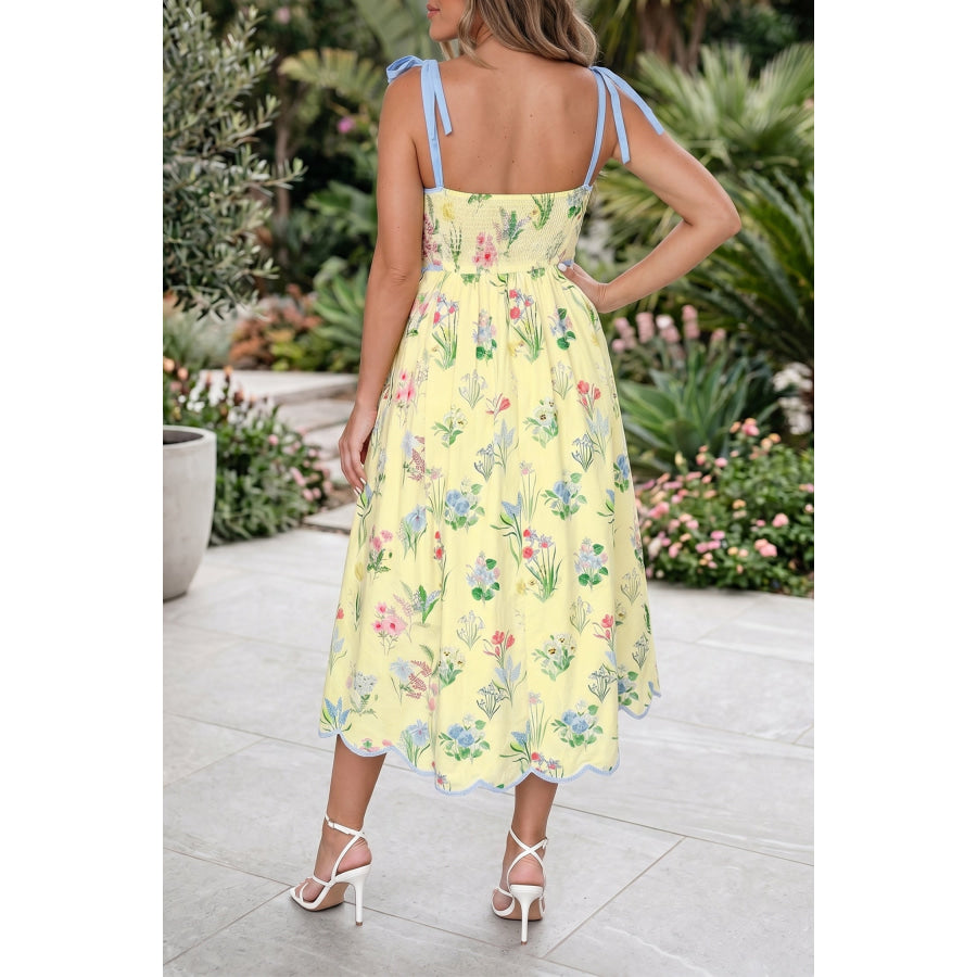 Beige Floral Print Contrast Trim Self-tie Straps High Waist Midi Dress Dresses/Floral Dresses