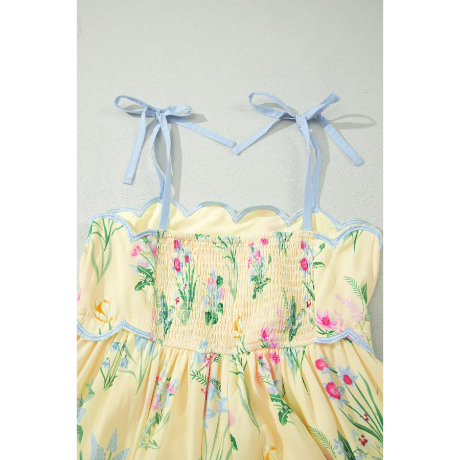Beige Floral Print Contrast Trim Self-tie Straps High Waist Midi Dress Dresses/Floral Dresses