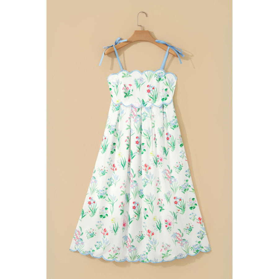 Beige Floral Print Contrast Trim Self-tie Straps High Waist Midi Dress Dresses/Floral Dresses